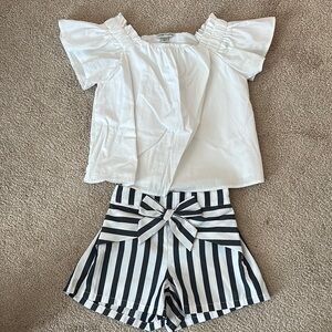 White Top and Striped Shorts Set
